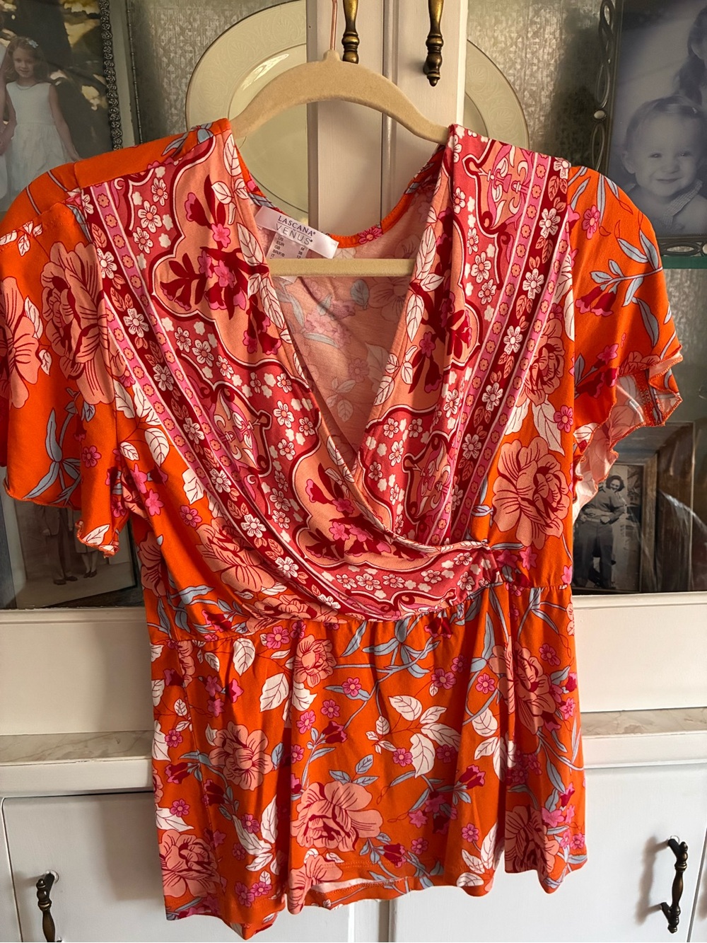 Orange Floral Wrap-Style Women's Short Sleeve Blouse